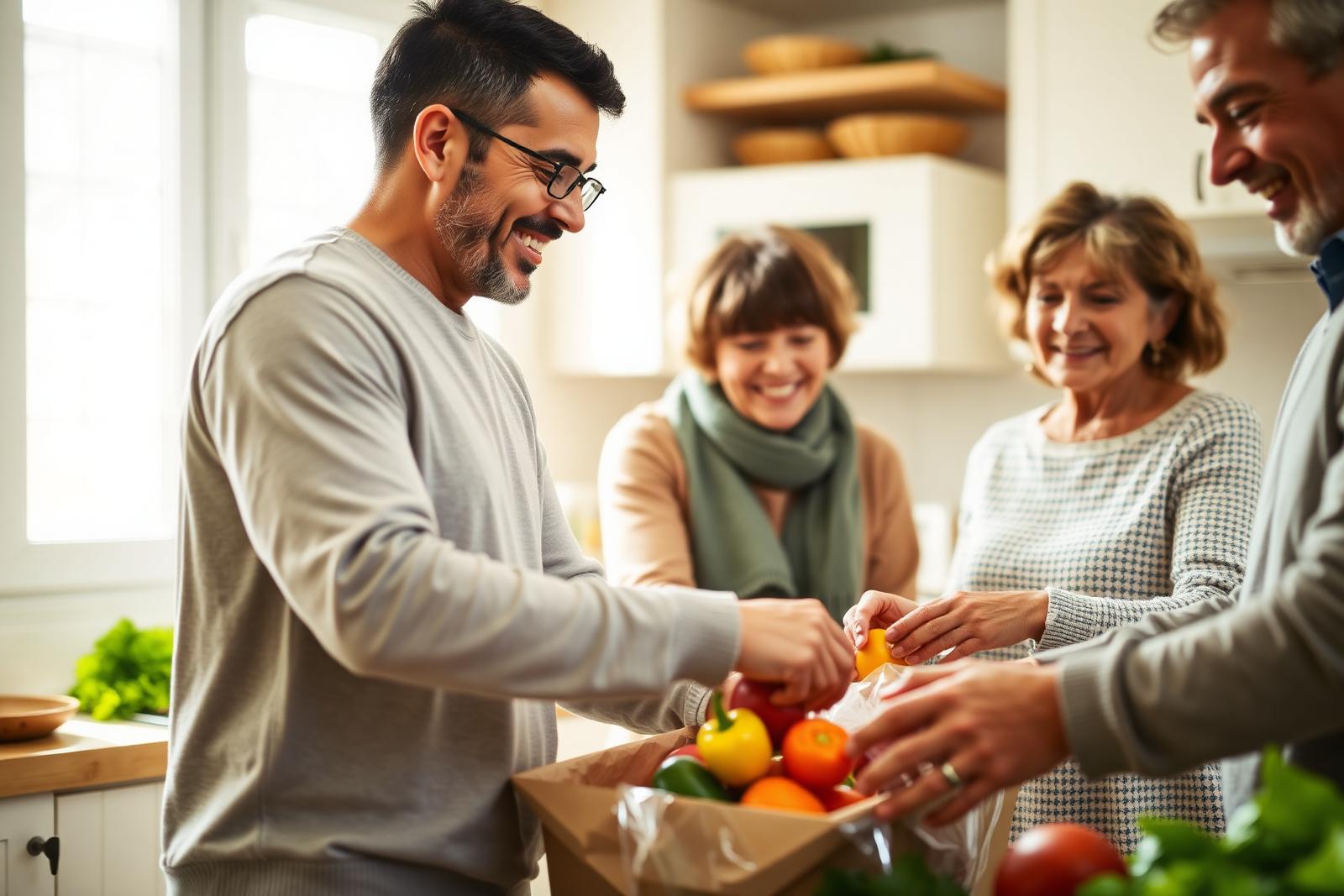 A family unpacking fresh groceries together in a warm kitchen